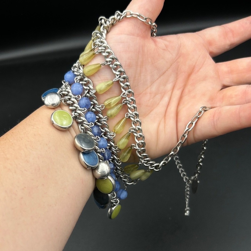Vintage Multi-Strand Silver Chain Necklace Dangling Beads Blue Green‎ Fashion